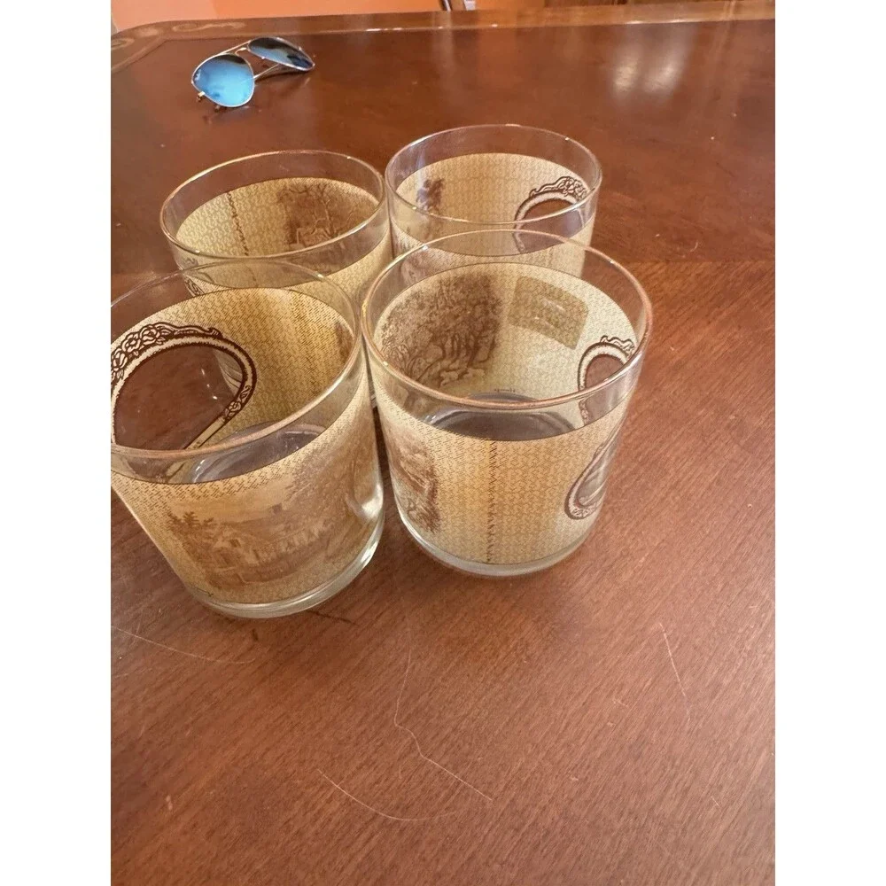 4 Courier & Ives Rocks Glasses Tumblers Homestead Seasons Gold Rims Old Home